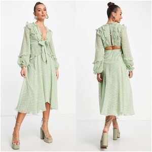 ASOS Pleat Detail Midi Dress In Jacquard Satin Spot With Tie Detail In Sage